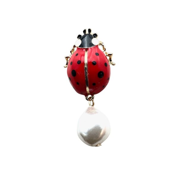 Womens Earrings Pierced Lady Bug Red Enamel Faux Pearl Gold Tone Chandelier - Picture 3 of 4
